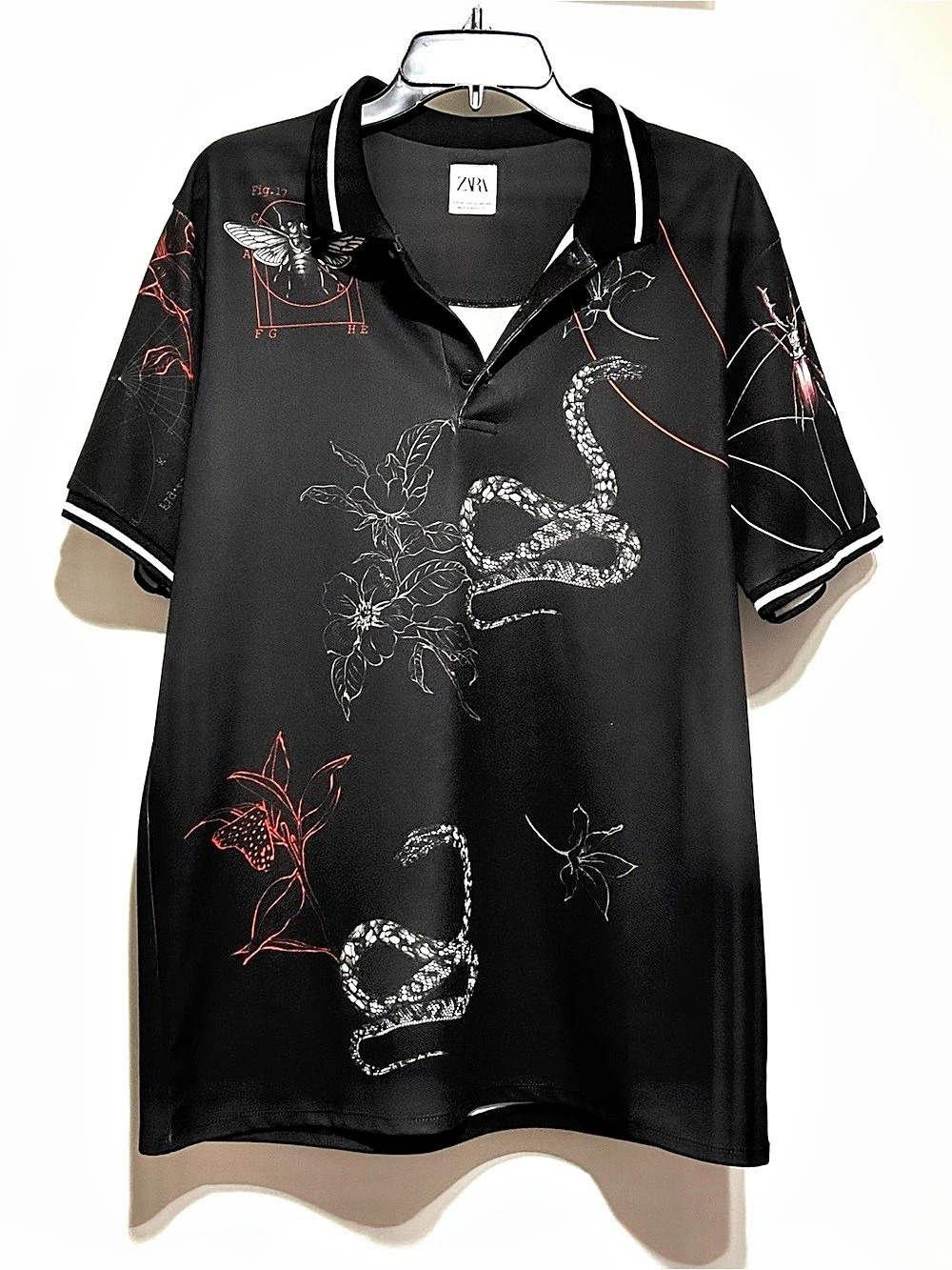 Zara Snake and Insect Study Polo Black & Red Size XL